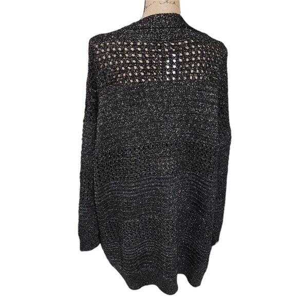 Novelty Stitch Black and Metallic Silver Crocheted Open Weave Cardigan Sweater - Picture 5 of 7
